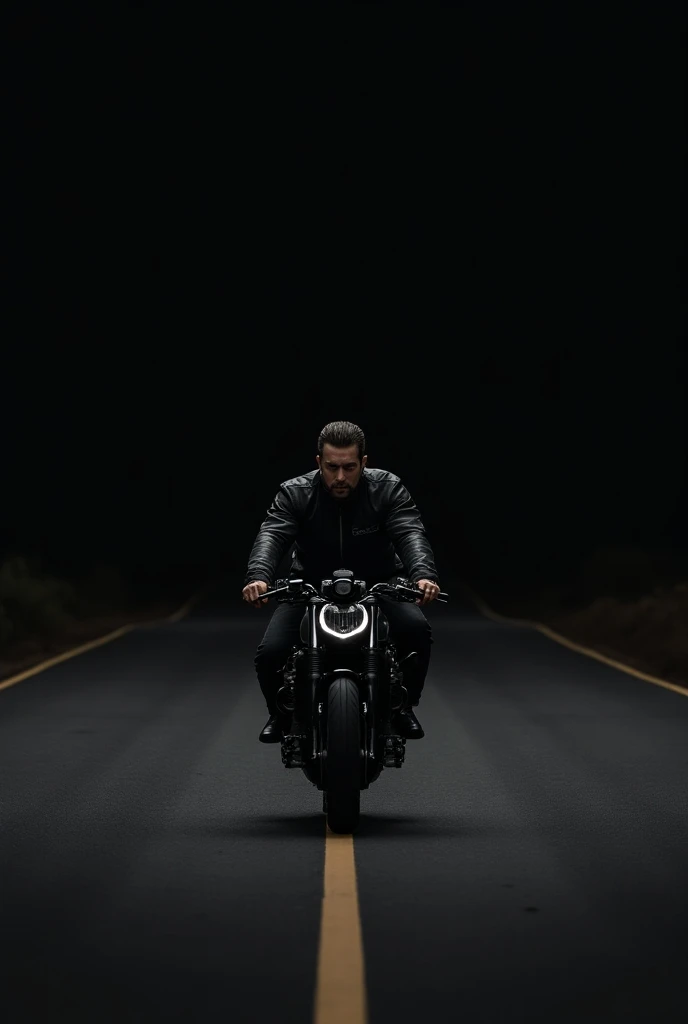 create image of a man on a high-cylinder motorcycle traveling on a long road with a black background