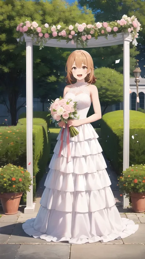 masterpiece, best quality, highres, aairoha, medium hair, full body, wedding dress, standing, garden, confetti, holding bouquet, smile, open mouth,n,