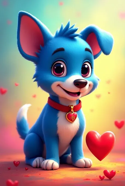 Bluey image with red heart and colored background 