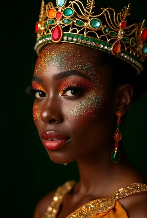 Dazzling glitter makeup on the face of a woman who has a crown on her head with lots of gemstones, 8k photo, in action, Cinematographic film in the colors of the African flag 