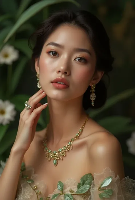  I want you to play the character that will be the image for my jewelry brand , I want it to reflect class ,  status and connection with people without losing the elegance that characterizes it, Do it by showing jewels that reflect nature 