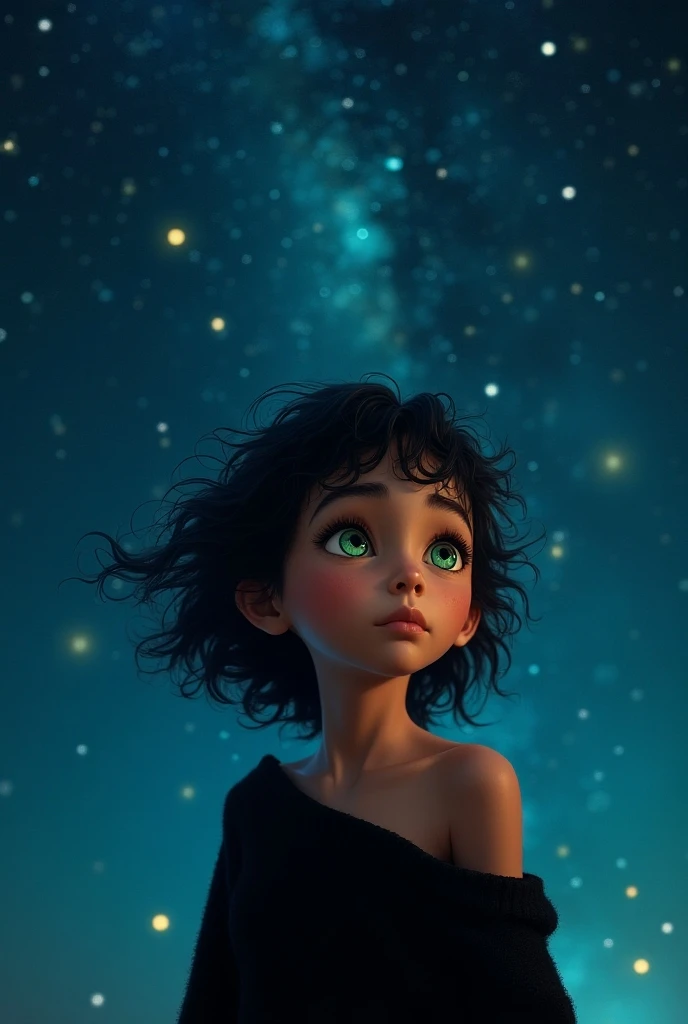 Sky, its night, ((((whole body)))), the night is full of stars, there are planets in the sky, bright colors, Incredible details, Shiny hair, spectacular hair, (little), (cute), short hair, galaxy hair, green eyes, silhouette, tanned, ((small breasts)), bla...