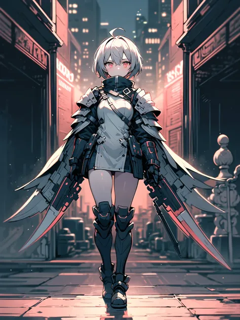 (((masterpiece, best quality, high detailed, 16k))) (1girl) A legendary, lethal assassin with short silver hair and an indifferent, cold gaze. Her slender body is clad in a sleek, ultra-advanced stealth armor, designed with dark matte tones and intricate g...