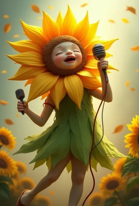 ren dressed as sunflowers hold micro and sing