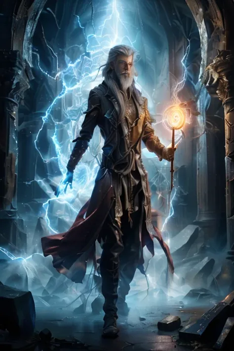 Merlin the wizard, standing in a mystical setting. He is a powerful figure, with a long white beard and flowing hair. He is clad in a dark, leather-like armor and a flowing red robe. He holds a staff that is glowing with blue energy, and there are bolts of...