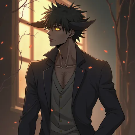 Anime dark skin male one eyes ghoul with gold eyes and black hair