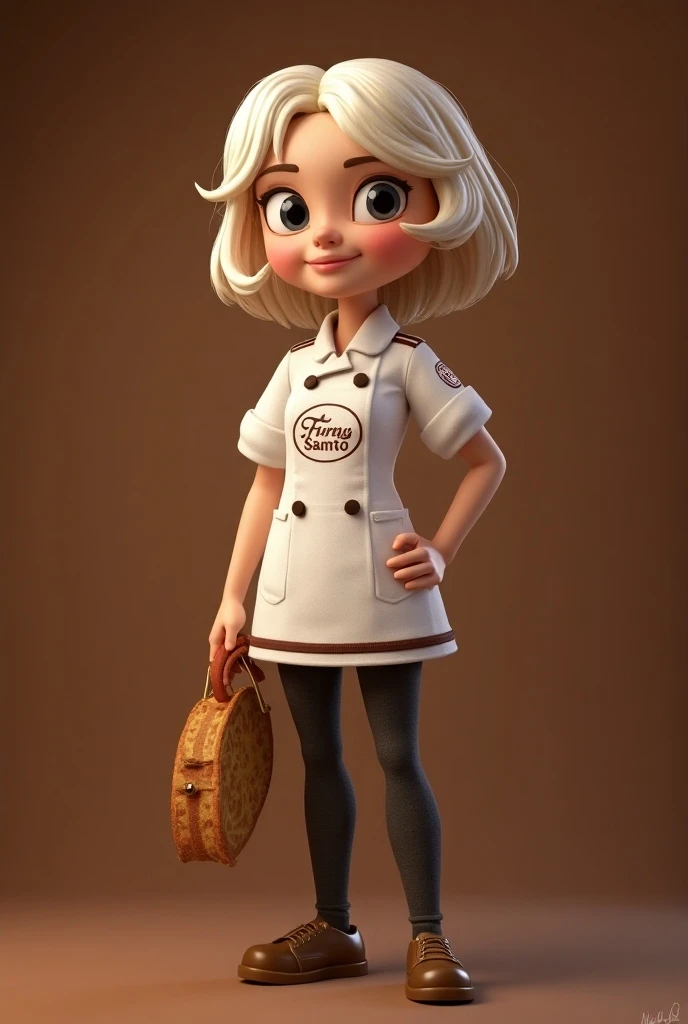  Creates the image of a mascot for a pizzeria and restaurant that has the name Forno Santo, realistic, Bottomless, And may she be a friendly woman with light hair dark eyes and that she has the simple name Forno Santo on her uniform 