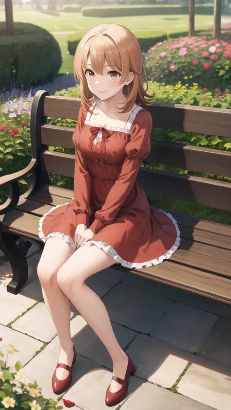 masterpiece, best quality, highres, aairoha, medium hair, frilled dress, red dress, gothic, garden, sitting, bench, petals, smil...