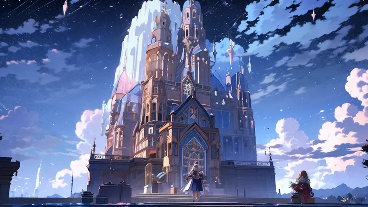 girl, i'm praying in front of a huge 30-meter-high vertical crystal floating in the air，high definition， anime style illustratio...