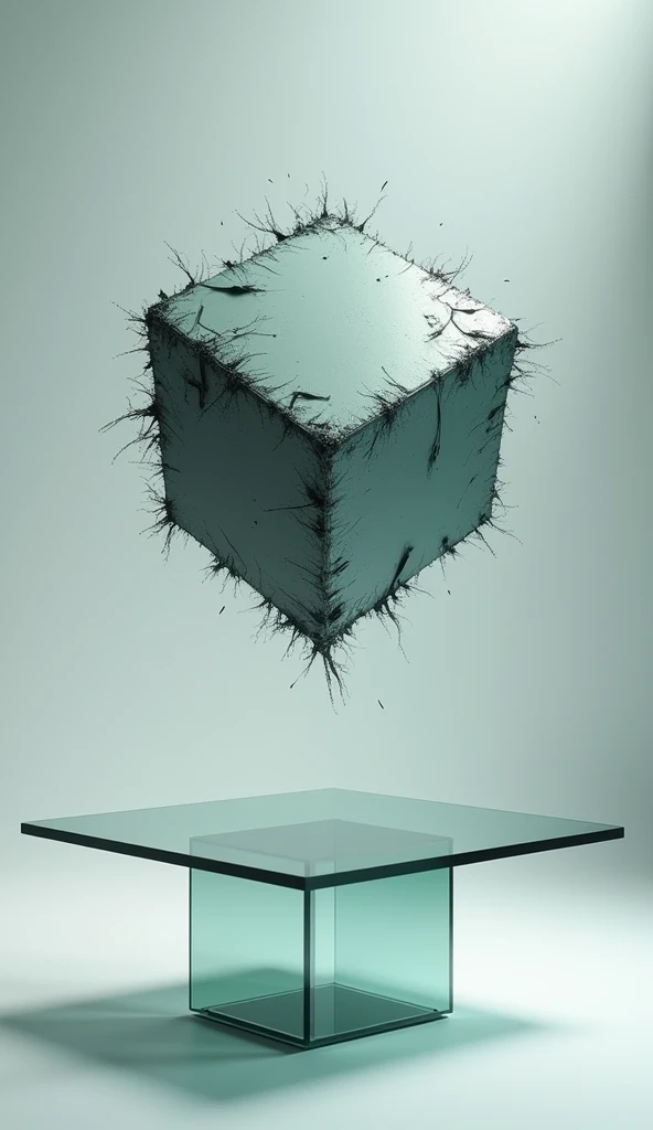 Corrupted cube disconnected with reality , on a glass table 