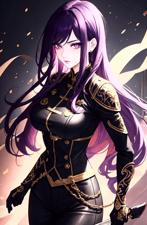 A dark purple-haired woman, black pants, holding a purple sword, detailed face, beautiful detailed eyes, beautiful detailed lips, extremely detailed eyes and face, long eyelashes, (best quality,4k,8k,highres,masterpiece:1.2),ultra-detailed,HDR,UHD,studio l...