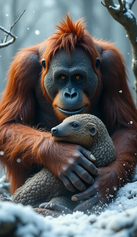 The image you sent looks like it has been digitally manipulated, showing a bornean orangutan. (bornean orangutan.) eating a Ground Pangolins while surrounded by frost . It has an interesting and engaging appearance, 