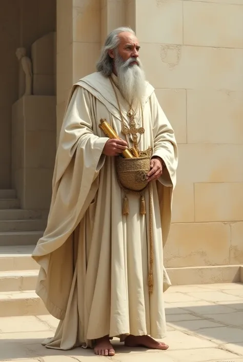 Old Testament prophet wearing white robes with a cross pouch with many ancient gold scrolls