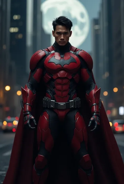 Seorang pria tampan indonesia mengenakan versi detail dan futuristik dari setelan Batman warna red. The suit is sleek , red,  and armored with shining accents ,  blends elements of Iron Man technology and Batmans iconic design .  The background features a ...