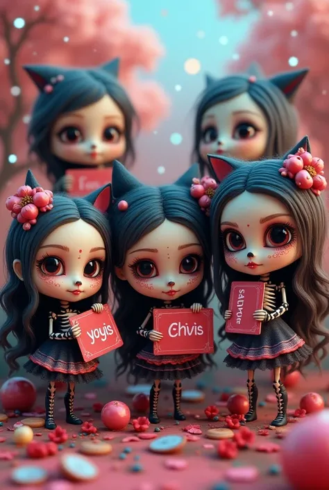 five beautiful catrinas with skull makeup in chibi kawai style and each one has a card and you can see the text "Yoyis","choco","chata" ,"chivis","kachita" en 3 render