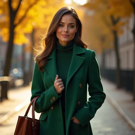 A woman with a beautiful smile in a cozy autumn look in the style of quiet luxury. Her elegant look is a cashmere emerald green coat, an old mane sweater. She is wearing a cashmere coat and a sweater, its cut emphasizes the smooth lines of the body, creati...