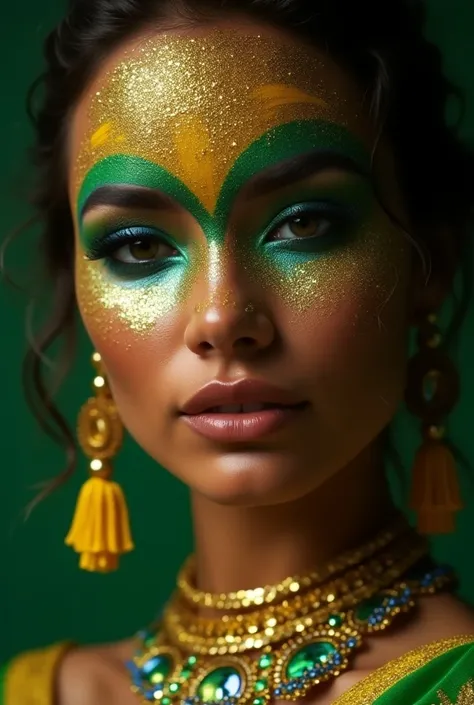  Dazzling glitter makeup on the face of a woman who has regional accessories according to the color of her flag , 8k photo, in action, Cinematographic in the colors of the flag of Pará  