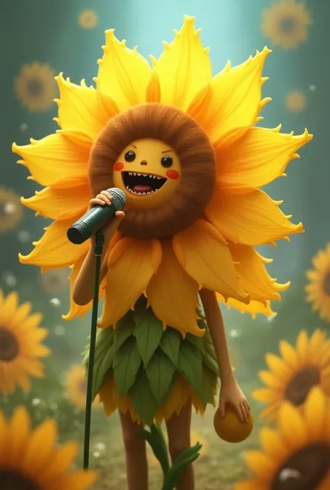 ren dressed as sunflowers hold micro and sing