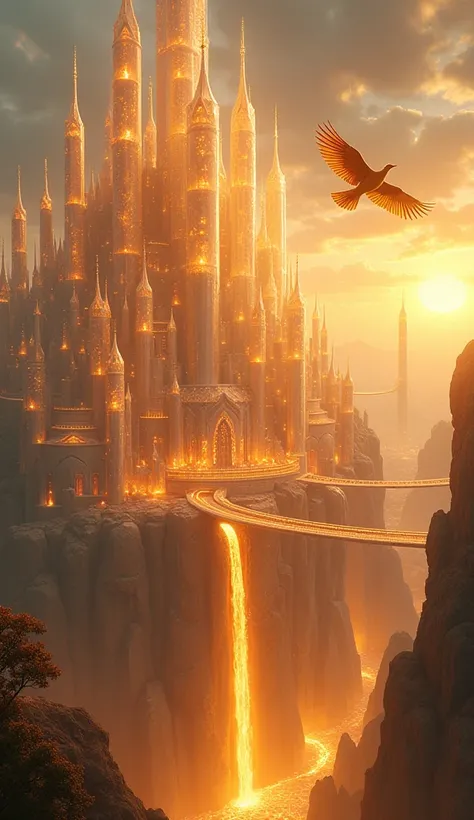 A massive floating city made entirely of translucent crystal, suspended in the sky by swirling currents of glowing energy. The buildings are sharp and angular, reflecting the hues of a golden sunset. Enormous bridges made of light connect floating towers, ...