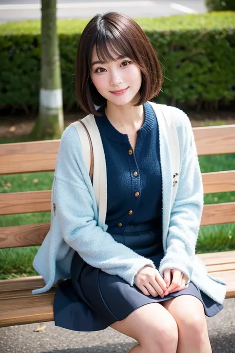 ( beautiful Japanese woman wearing a G jacket), Cute face, (Deeply carved face:0.7), (Freckles:0.6), Soft light,Healthy white skin, shy, Bob, (Serious face), (  sparkling eyes), thin, skirt,ショートskirt、 shortcuts、Smile、Sitting at the bench， wide legs,, Full ...