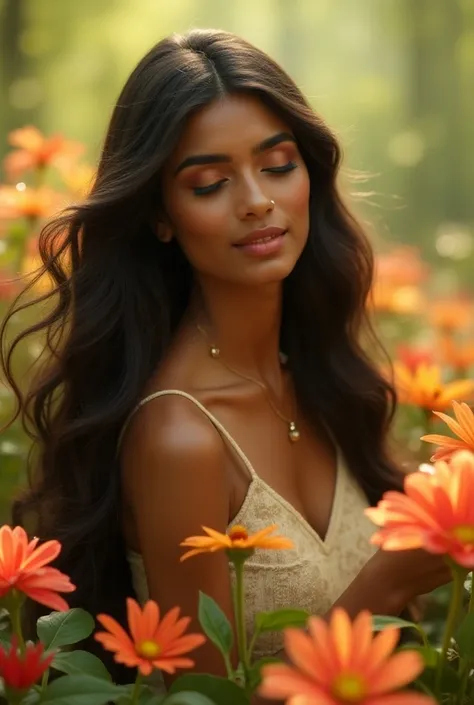 ImagIn de uma mulher india usando shampoo da marca eudora, In.a forest full of flowers 