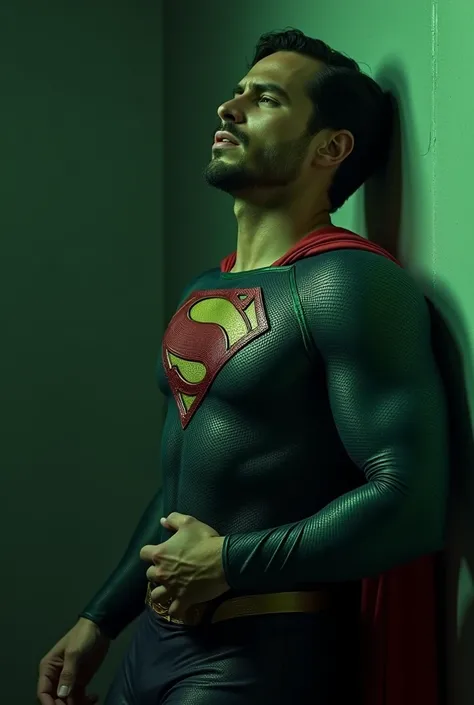 full body shot of a weakened Joe Manganiello dressed as Superman, small beard, leaning against a wall, with his mouth slightly open and his eyes closed, his right arm is stretched out in front, his left hand is on his abdomen, He has a expression of despai...