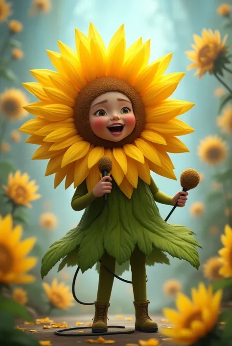 ren dressed as sunflowers hold micro and sing