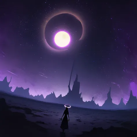 (masterpiece, best quality,8k,Dutch angle shot),solar eclipse, glowing corona, darkened sky, dramatic silhouette of the moon, radiant light beams, soft halo effect, deep blues and purples, surreal atmosphere, delicate gradients, glowing stars in the distan...