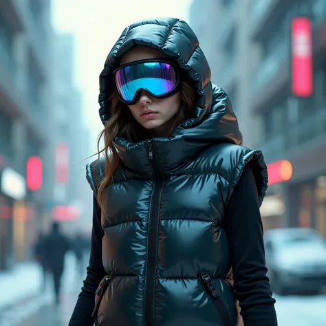  walking 18 years old teen wearing a vest-built-in   glossy padded puffer hood sealing her face behind  padded reflective ski googles, wearing glossy padded puffer vest