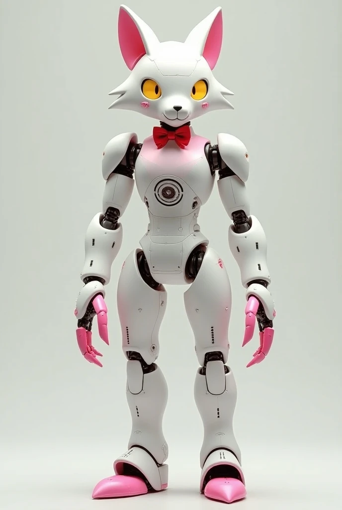  A fox robot with human anatomy;  colors white with pink details ;  red bow tie; pink claws ;  chest speaker ; yellow eyes; height of 2 (two) metres