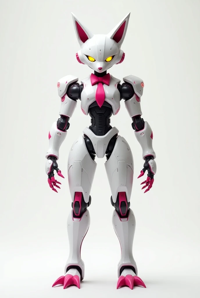 A fox robot with a male human anatomy;  colors white with pink details ;  red bow tie; pink claws ;  chest speaker ; yellow eyes; height of 2 (two) metres