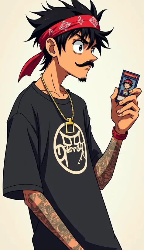 anime style young extreme thin rapper man with a gang bandana on his head, basketball t-shirt, tattoos on his arms, mustache and beard on his chin. Holding a Yu-Gi-Oh card
