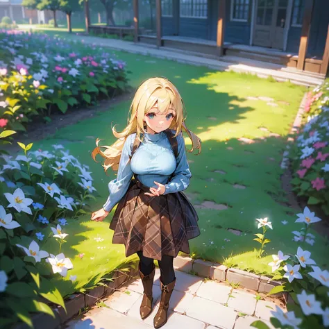 (high quality,  High Resolution , Very detailed, reality:1.37), Peaceful atmosphere, (Outdoor, garden), Teenage girl standing alone, (My breasts are large.), Beautiful details,  cute smile , (Blonde Bob Hair), blue plaid ribbed sweater,Brown skirt, Black t...