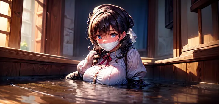 girls, slightly high resolution , tears, wet, student uniform, uniform, dark, sink, blue swamp, sink, drowning, sticky, muddy, s...