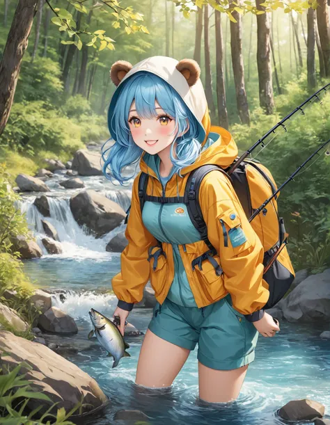  beautiful girl with long light blue hair、Adorable smile、The girl has a big salmon she caught、A bear is watching salmon and a girl、Mountain Stream Fishing 、yellow fishing suit 、 Long Sleeve Hooded 、Outdoor Jacket、 hoodie、Waders、 Long Pants Fossing 、 When G...