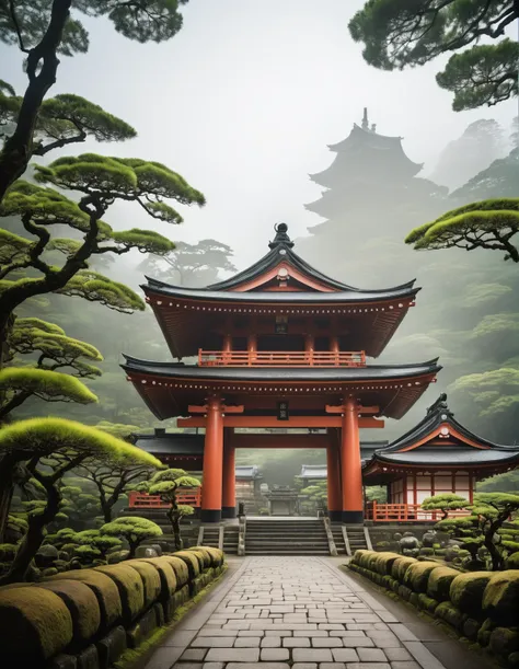 a serene temple complex in the feudal era of ancient japan  ,  surrounded by lush vegetation and fine mist  .   a large torii ga...