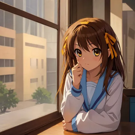  very detailed, High Resolution ,(masterpiece_1.0),(Best Quality_1.0),1 girl, Alone,Haruhi Suzumiya,  Cowboy Shots , Student Uniform,  yellow hair band, whole body,  is staring at viewers, Looking out by the window 