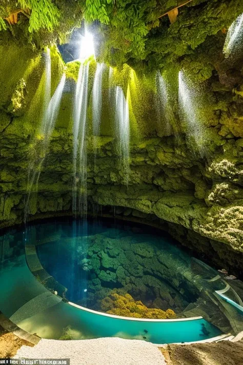 underworld, underground paradise,  large underground space growing around a warm underground lake ,   bright sand beige ceiling ...