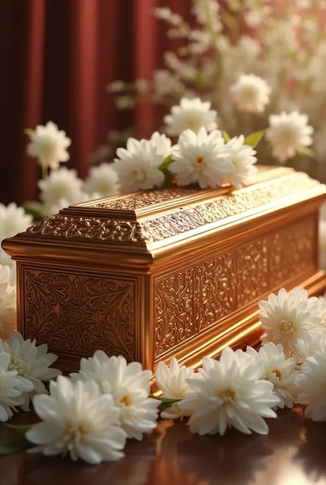 A luxurious casket with white flowers around it ,with a red and gold filter  