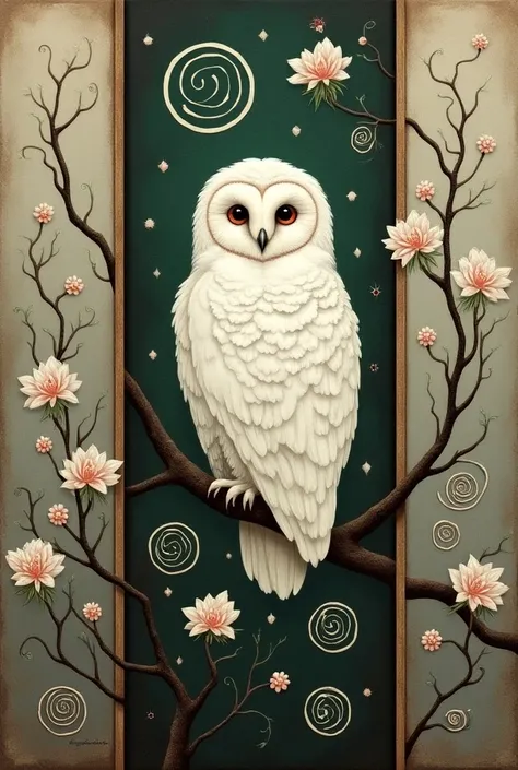   Mystical Owl

Description :  This image features a tall triptych  ,  thin canvas divided into three vertical sections .  The center section , The widest ,  shows a large ,  detailed white owl with captivating round eyes and intricate feather patterns ,  ...