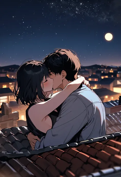 Boy, handsome, cute, perfect, Korean haircut, girl, short shoulder length hair, cute, kiss, rooftop, night, moon, starry sky, romantic, dark, Hug 