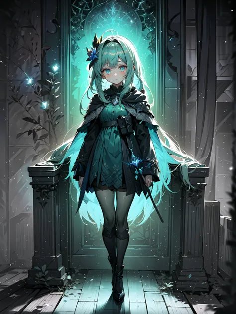 (((masterpiece, best quality, high detailed, 16k))) (1girl) A hauntingly beautiful guardian of the spectral forest, her hair is deep green, with flowers and leaves intertwined. Her eyes glow with a soft, ethereal light. She wears a dress made of vines and ...