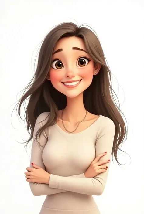  pixar-style drawing of a 40-year-old woman , long hair , black eyes, white skin color, happy , image with white background and chairs .