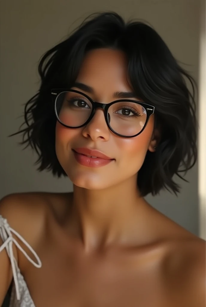  22-year-old Latin woman with dark skin, short black hair with glasses and semi-thick lips smiling in a mirror photo