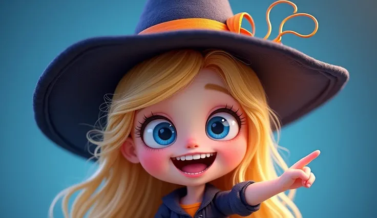 a cute blonde cartoon girl pointing to the side, beautiful detailed blue eyes, beautiful detailed lips, extremely detailed face and features, long eyelashes, cute expression, smiling, blue background, Halloween theme with witch hat (best quality, 4k, 8k, h...