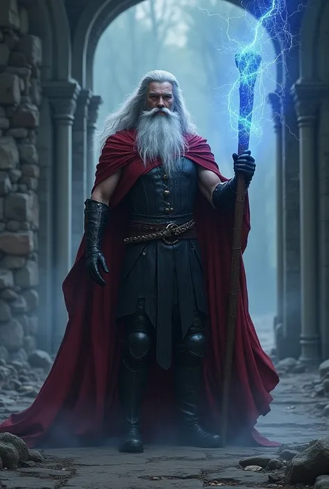 Merlin the wizard, standing in a mystical setting. He is a powerful figure, with a long white beard and flowing hair. He is clad in a dark, leather-like armor and a flowing red robe. He holds a staff that is glowing with blue energy, and there are bolts of...