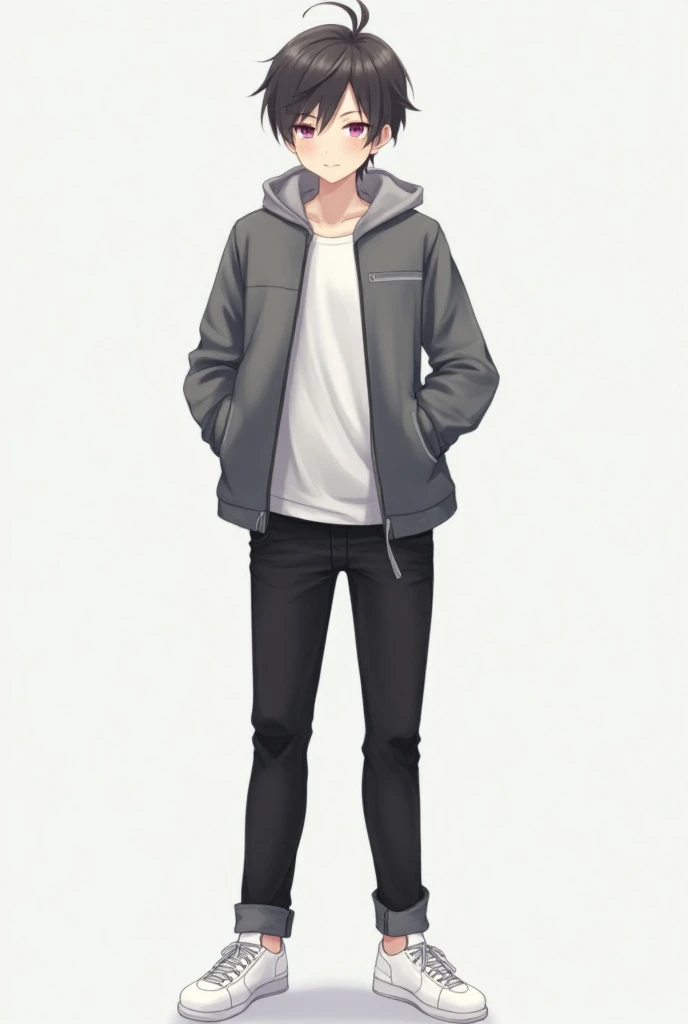 A handsom boy who was  with full body a anime boySolo, Masterpiece, Short Hair, Blush, Simple background, Sparkle, Minimalism, with full body with wearing a black pants with white sports shoes
