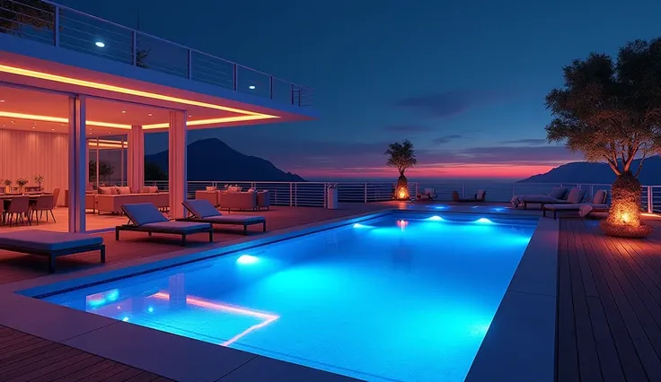 Please,  design for me an extremely luxurious deck with pool at night, modern, cyberpunk and fully equipped .  Futuristic design with mysterious colors 