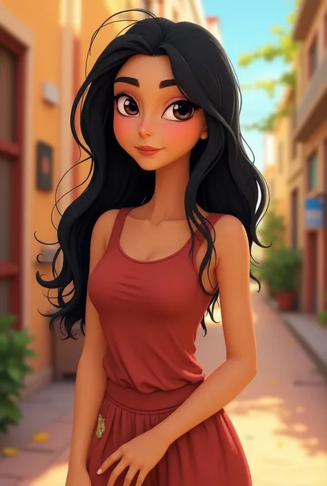  pixar-style drawing of a 40-year-old woman , long hair , black people, olhos black people, white skin color,  with hands around the waist .