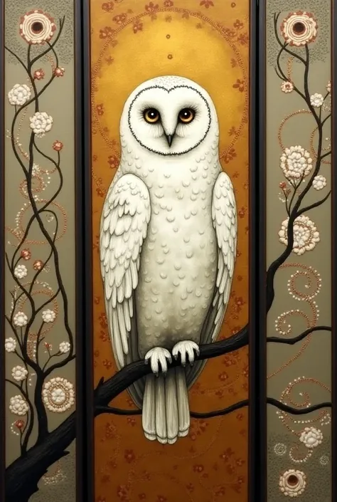   Mystical Owl

Description :  This image features a tall triptych  ,  thin canvas divided into three vertical sections .  The center section , The widest ,  shows a large ,  detailed white owl with captivating round eyes and intricate feather patterns ,  ...